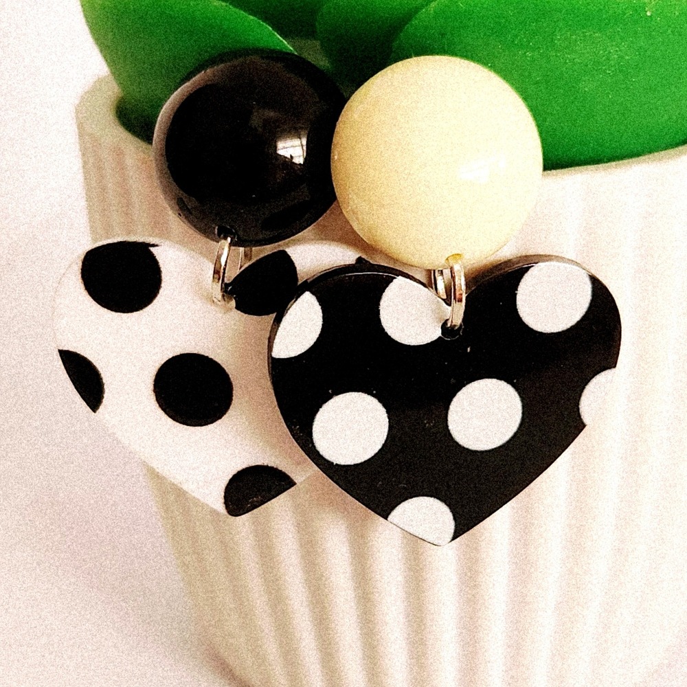 Black Cream Polka Dot Heart Drop Earrings Mismatched Acrylic Mod Retro 1.75"